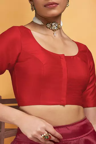 Red art silk plain elbow sleeves readymade stylish stitched blouse