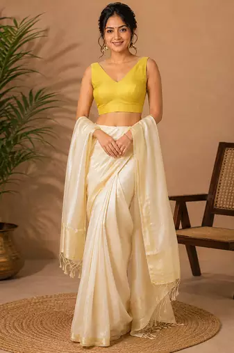 Yellow art silk stylish v-neck sleeveless plain stitched blouse for women
