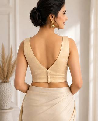 Beige art silk stylish v-neck sleeveless plain stitched blouse for women 2