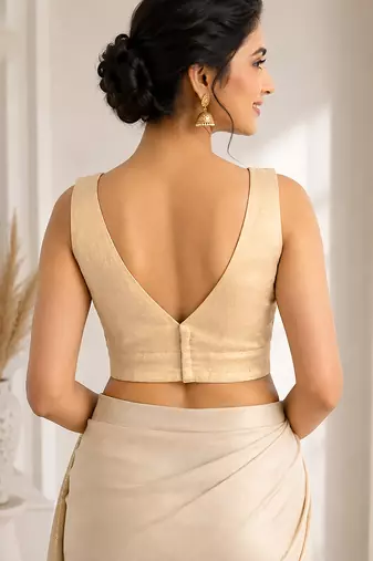 Beige art silk stylish v-neck sleeveless plain stitched blouse for women