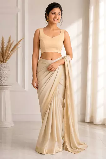 Beige art silk stylish v-neck sleeveless plain stitched blouse for women