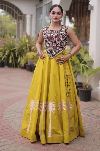 Roman Lehenga Choli Set With Kutchi Embroidery And Gota Work