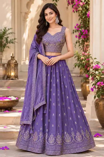 Light Purple Art Silk Embroidery Sequence work Lehenga Choli with Dupatta For Women 