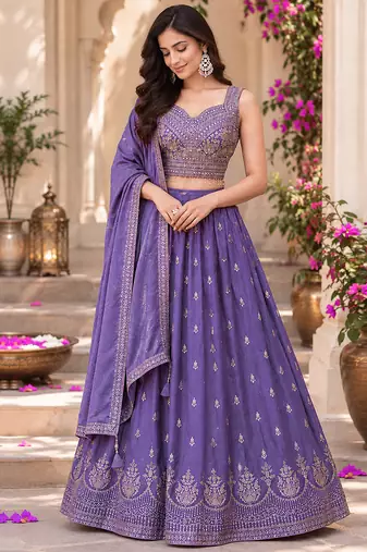 Light Purple Art Silk Embroidery Sequence work Lehenga Choli with Dupatta For Women 