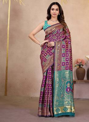 premium purple pure banarasi silk blend wedding and party wear saree with blouse 1