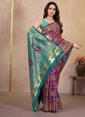premium purple pure banarasi silk blend wedding and party wear saree with blouse 3