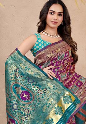 premium purple pure banarasi silk blend wedding and party wear saree with blouse 4