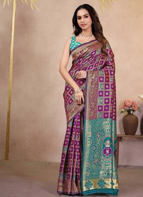 premium purple pure banarasi silk blend wedding and party wear saree with blouse 5