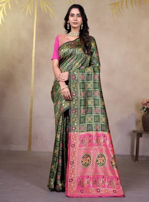 premium green and rani pink pure bnarasi silk blend wedding and party wear saree with blouse 1