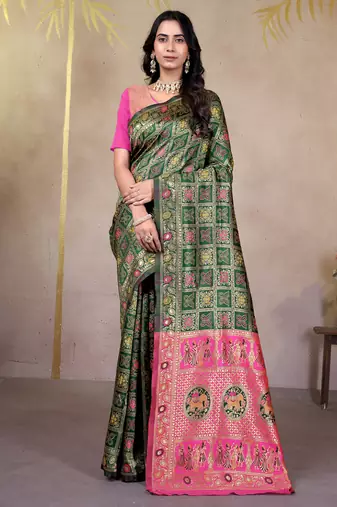 premium green and rani pink pure bnarasi silk blend wedding and party wear saree with blouse