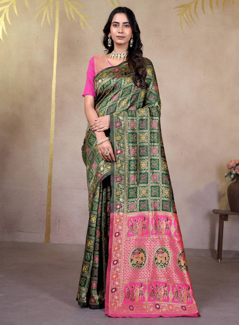 premium green and rani pink pure bnarasi silk blend wedding and party wear saree with blouse