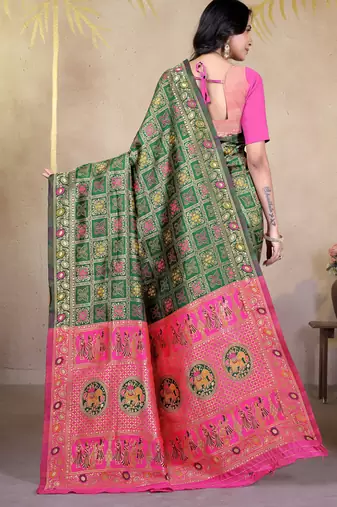 premium green and rani pink pure bnarasi silk blend wedding and party wear saree with blouse