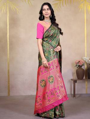 premium green and rani pink pure bnarasi silk blend wedding and party wear saree with blouse 3