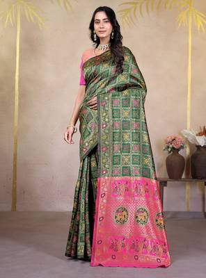 premium green and rani pink pure bnarasi silk blend wedding and party wear saree with blouse 4