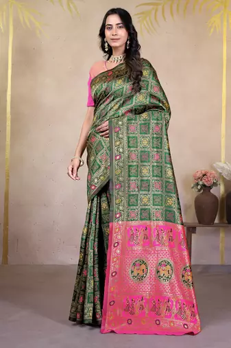 premium green and rani pink pure bnarasi silk blend wedding and party wear saree with blouse