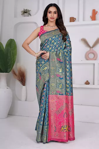premium rani firozi and pink pure banarasi silk blend wedding and party wear saree with blouse