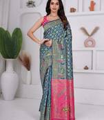 premium rani firozi and pink pure banarasi silk blend wedding and party wear saree with blouse