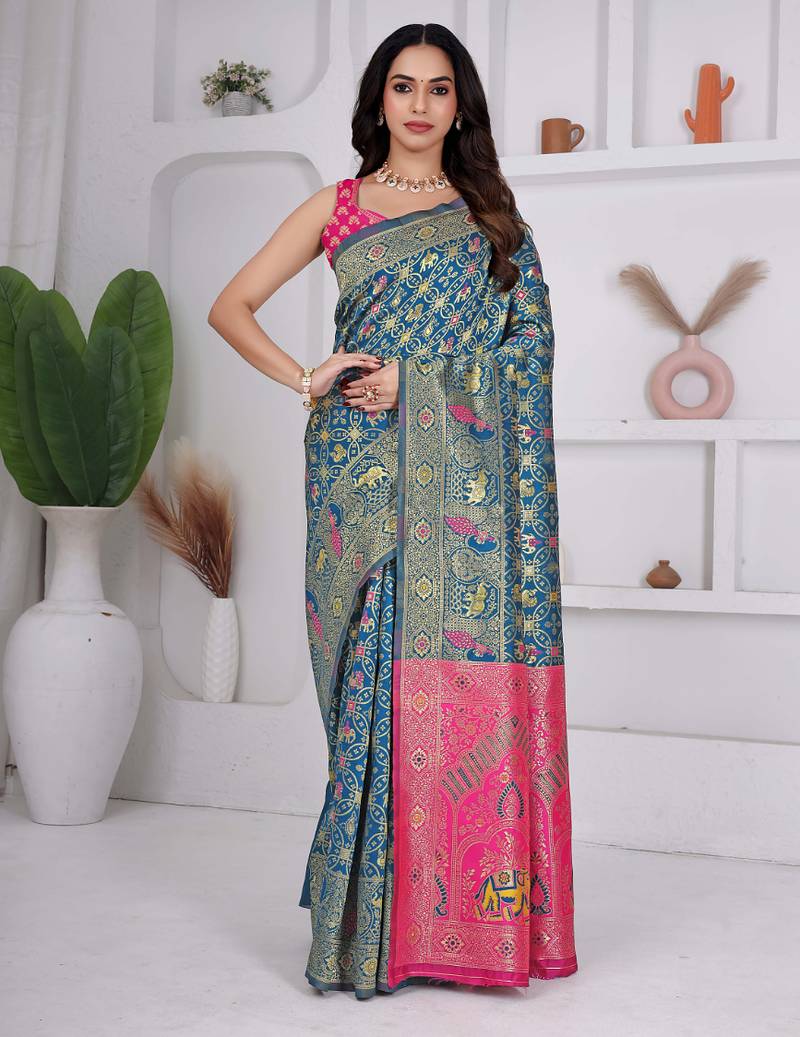 premium rani firozi and pink pure banarasi silk blend wedding and party wear saree with blouse