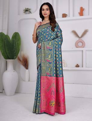 premium rani firozi and pink pure banarasi silk blend wedding and party wear saree with blouse 3