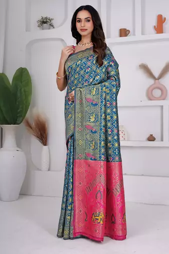 premium rani firozi and pink pure banarasi silk blend wedding and party wear saree with blouse