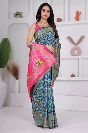 premium rani firozi and pink pure banarasi silk blend wedding and party wear saree with blouse