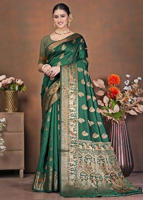 premium dark green banarasi silk blend wedding and party wear saree with blouse 1