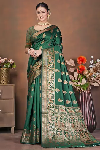 premium dark green banarasi silk blend wedding and party wear saree with blouse