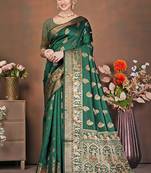 premium dark green banarasi silk blend wedding and party wear saree with blouse