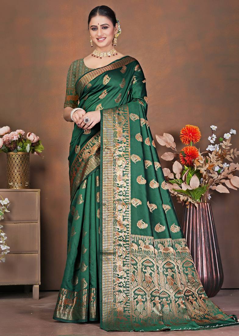 premium dark green banarasi silk blend wedding and party wear saree with blouse
