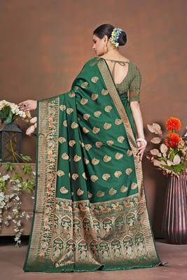 premium dark green banarasi silk blend wedding and party wear saree with blouse 2