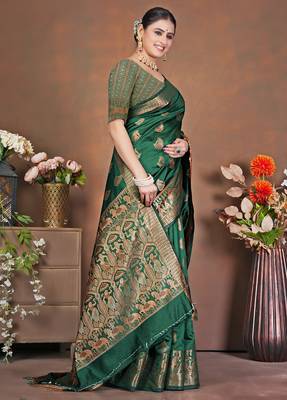 premium dark green banarasi silk blend wedding and party wear saree with blouse 3
