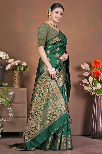 premium dark green banarasi silk blend wedding and party wear saree with blouse