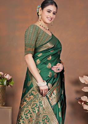premium dark green banarasi silk blend wedding and party wear saree with blouse 4