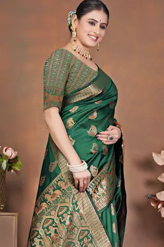 premium dark green banarasi silk blend wedding and party wear saree with blouse