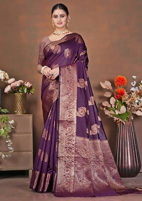 premium dark purple banarasi silk blend wedding and party wear saree with blouse 1