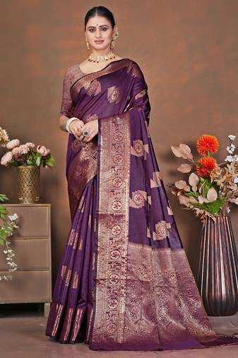 premium dark purple banarasi silk blend wedding and party wear saree with blouse