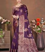 premium dark purple banarasi silk blend wedding and party wear saree with blouse