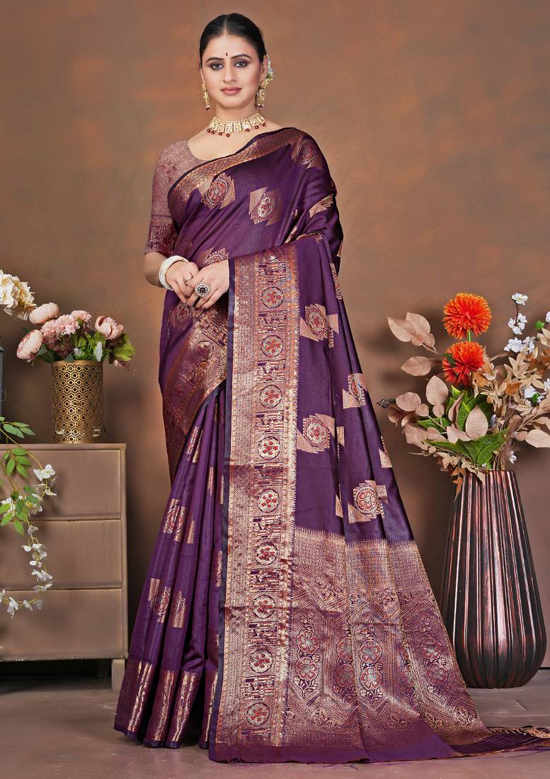 premium dark purple banarasi silk blend wedding and party wear saree with blouse