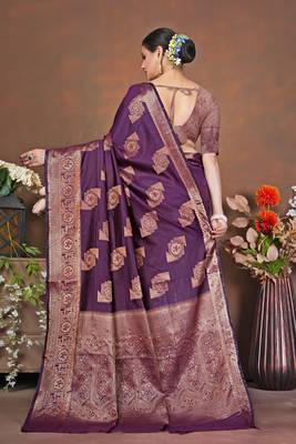 premium dark purple banarasi silk blend wedding and party wear saree with blouse 2