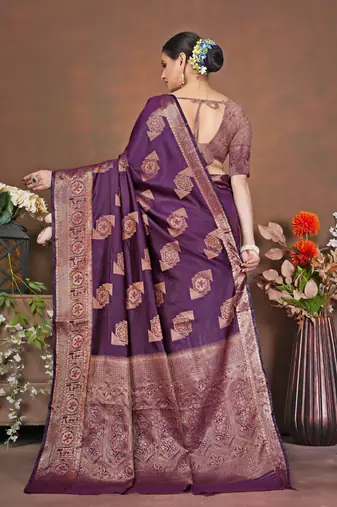 premium dark purple banarasi silk blend wedding and party wear saree with blouse