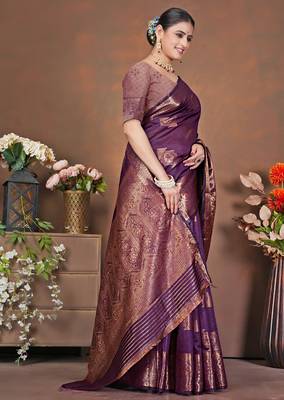 premium dark purple banarasi silk blend wedding and party wear saree with blouse 3