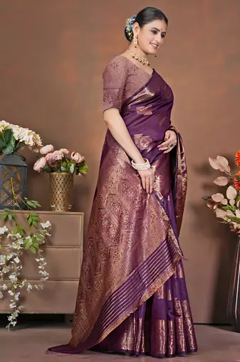 premium dark purple banarasi silk blend wedding and party wear saree with blouse