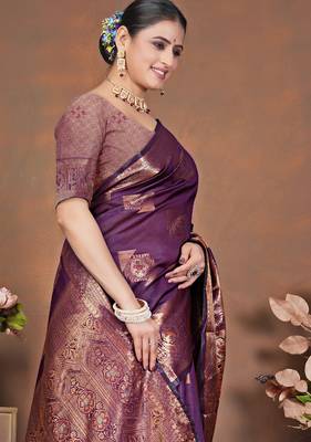 premium dark purple banarasi silk blend wedding and party wear saree with blouse 4