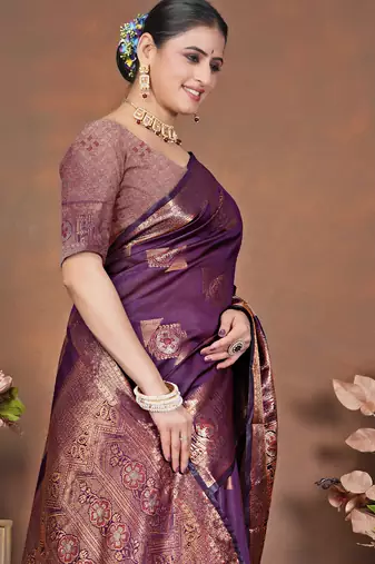 premium dark purple banarasi silk blend wedding and party wear saree with blouse