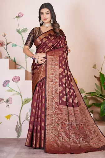 premium dark maroon banarasi silk blend wedding and party wear saree with blouse