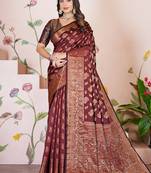 premium dark maroon banarasi silk blend wedding and party wear saree with blouse