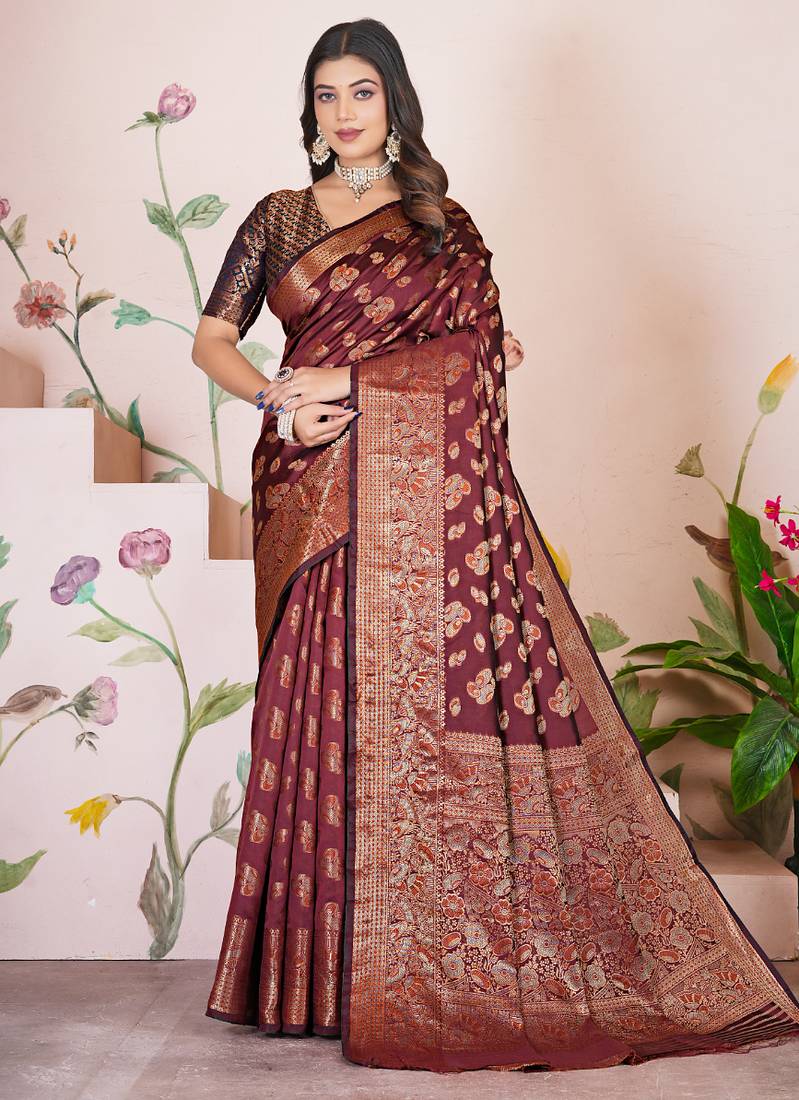 premium dark maroon banarasi silk blend wedding and party wear saree with blouse