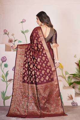 premium dark maroon banarasi silk blend wedding and party wear saree with blouse 2