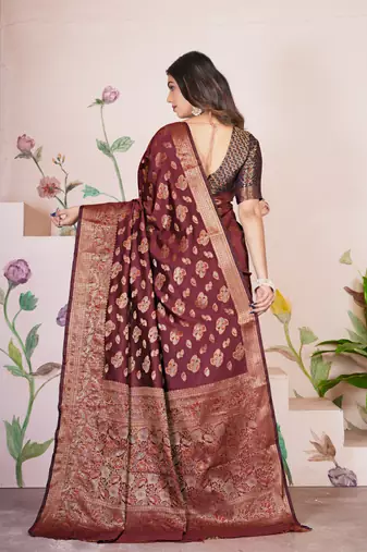 premium dark maroon banarasi silk blend wedding and party wear saree with blouse