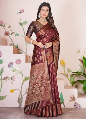 premium dark maroon banarasi silk blend wedding and party wear saree with blouse 3